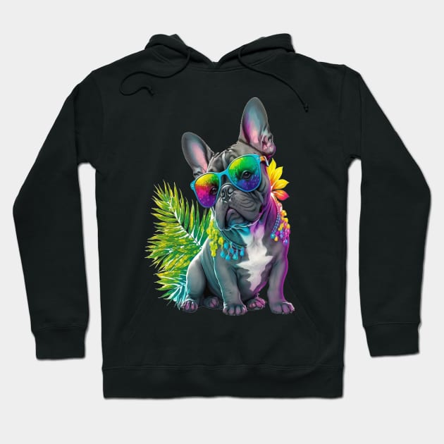 A cute grey french bulldog with white chest in summer with sunglasses Hoodie by HEAHLEEHAH